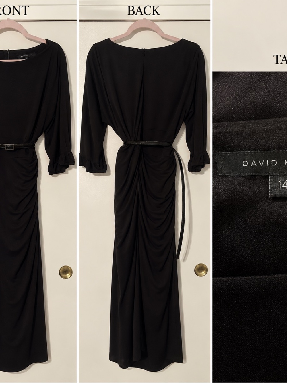 David Meister Black Ruched Long-Sleeve Maxi Dress